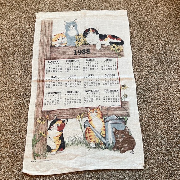 Vintage cat kitten mcm farm country  Tea Dish Towel Calendar 1988 - Picture 1 of 5